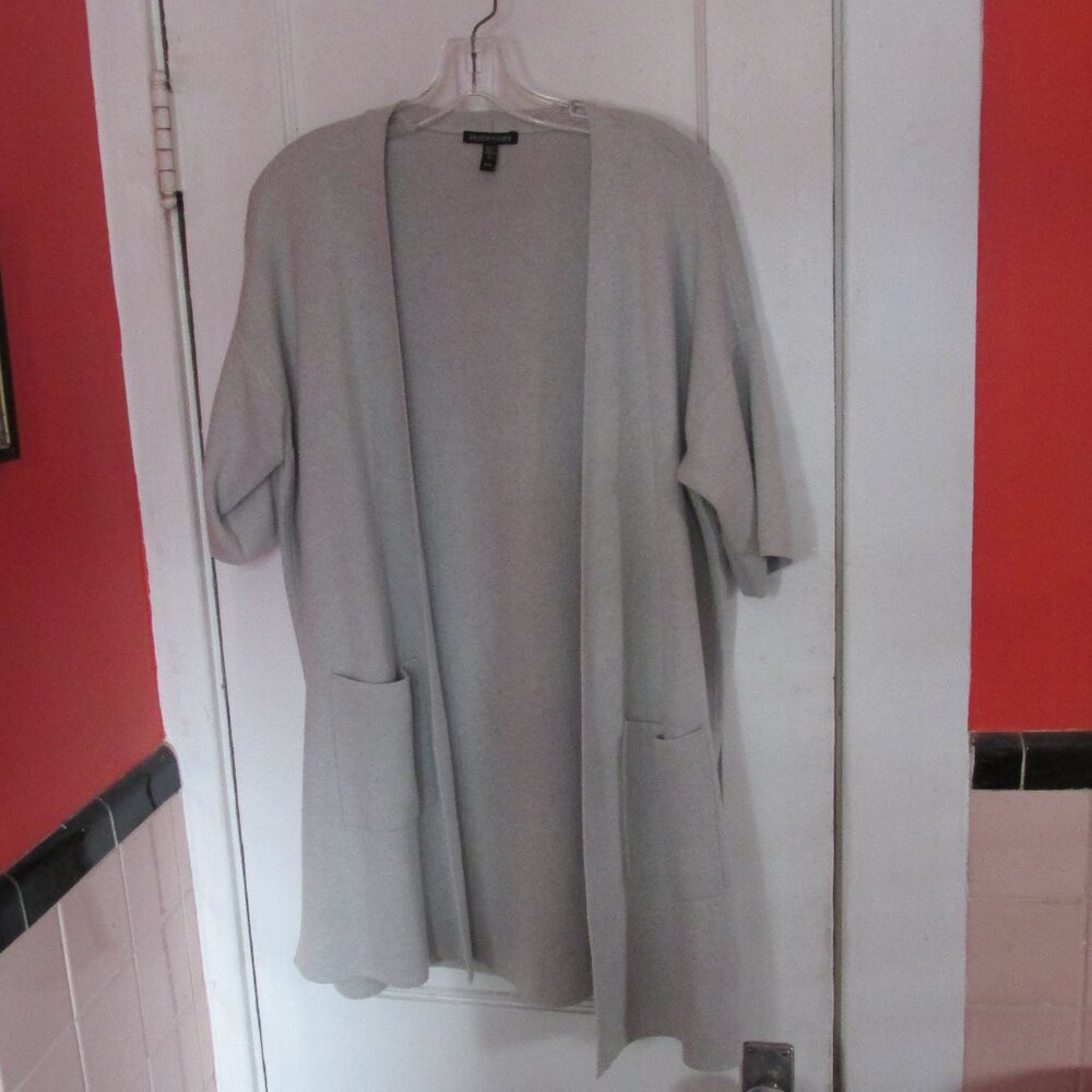 Eileen Fisher Short Sleeve Open Front Cardigan Cotton Silk Pockets Gray Medium